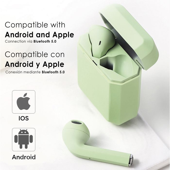 Auriculares inalámbricos DAM i2 TWS con Bluetooth 5.0 y pantalla táctil, con estuche de carga ergonómico. Cancelación de ruido ambiental. 4,3 x 2,2 x 5,3 cm.