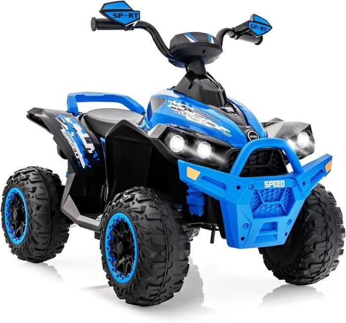 Quad eléctrico 4x4 GOPLUS para niños de 3 a 8 años, capacidad de carga de 35 kg, batería con autonomía de 1 a 2 horas, 2 velocidades ajustables, 1 asiento, con luces LED y música, color azul.