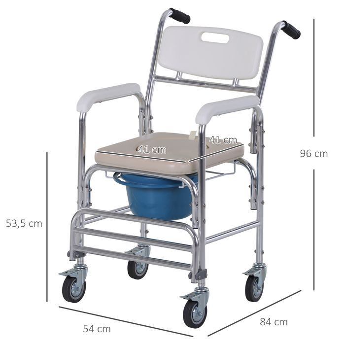 Silla de ruedas con inodoro HOMCOM - Silla de ruedas con ducha, cubo extraíble, reposabrazos y reposapiés - Acero y HDPE - Blanca