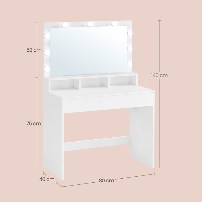 Coiffeuse, avec Miroir LED, avec Rangement, 2 Tiroirs et 3 Compartiments, Blanc