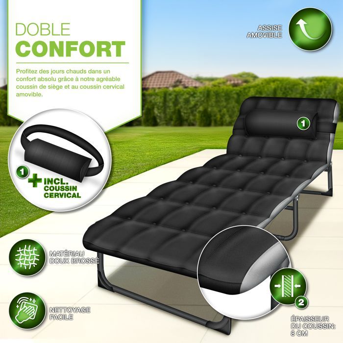 tillvex Folding Camping Bed, Black-Grey with Neck Pillow | Maximum Load 280 kg | Camping Lounge Chair with Padding
