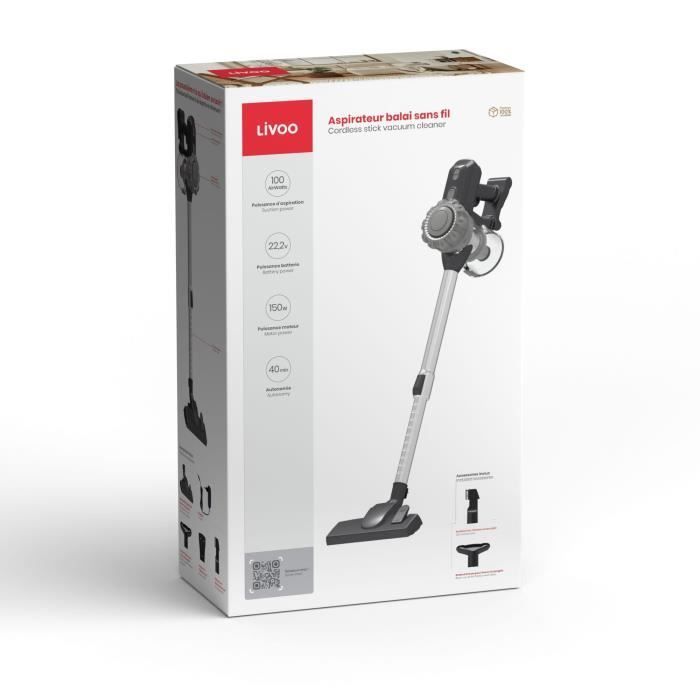 Draadloze steelstofzuiger - LIVOO DOH141 - 150 W - 10 kPa - 76 dB - Cyclonisch - 2 snelheden - 0,55 L - Grijs