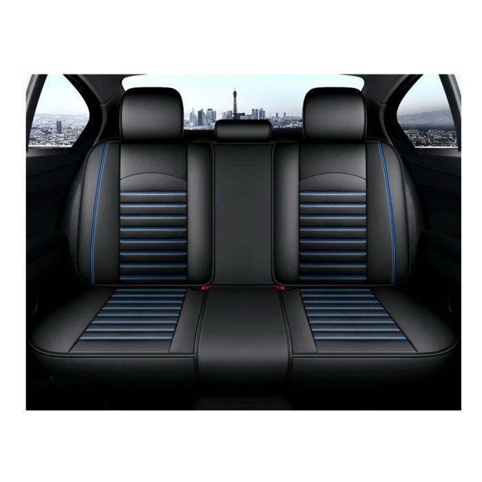 Housses de Siège en Similicuir Noir Bord Bleu Qualité de Luxe Respirant Rembourrées Ensemble Complet 9 pcs Universel pour Voiture