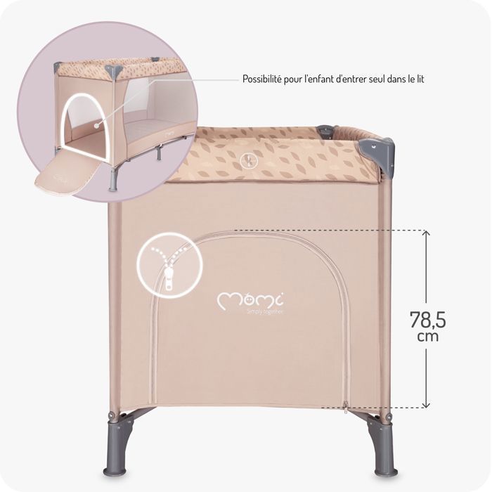 MoMi BELOVE – Lit Parapluie Bébé Pliant – Matelas + Sac de Transport – Accès Latéral – 2 Roulettes – Beige