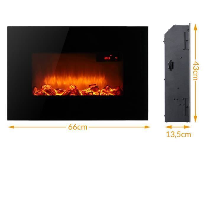 Cheminée murale électrique noire MONZANA - Effet flamme illusion - 1800 W - Télécommande - Minuterie