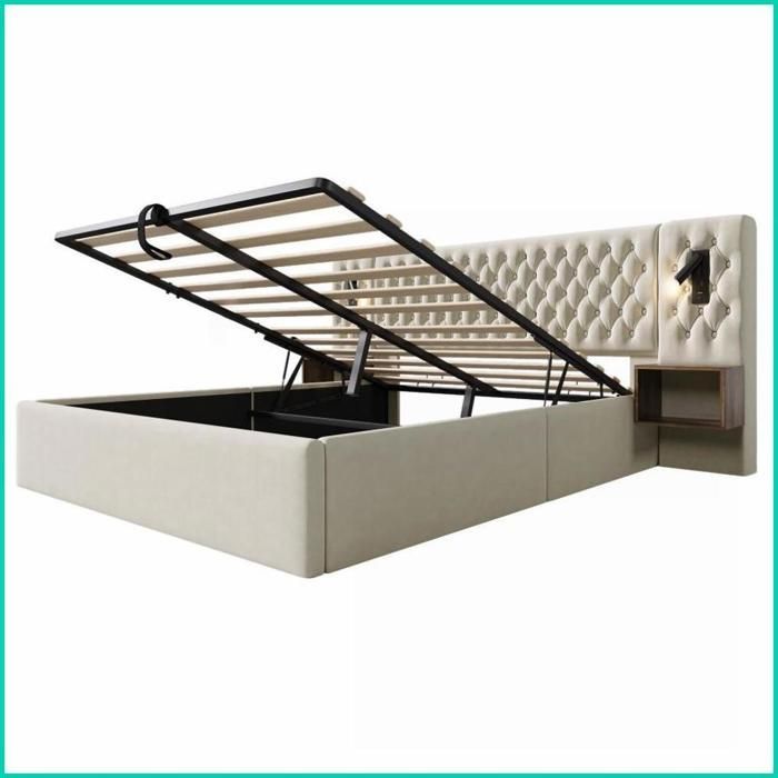 Set completo per camera da letto - Letto contenitore idraulico 160x200 cm + 2 comodini + lampade USB - Velluto beige