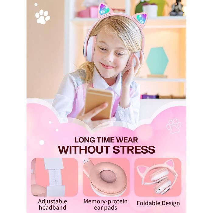 Girls' headphones with cat ear design, LED light, foldable, with Bluetooth, microphone, micro SD/TF card slot, for A818