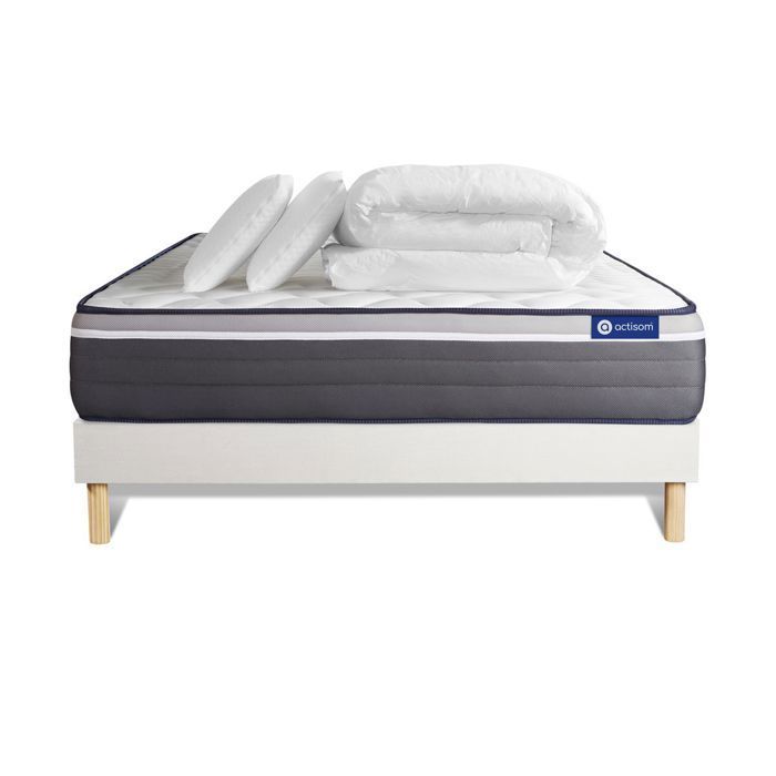 Juego de cama completo de 180x200 cm - Colchón + Base de cama blanca (requiere montaje) + 2 almohadas + Edredón - Actiflex Pl