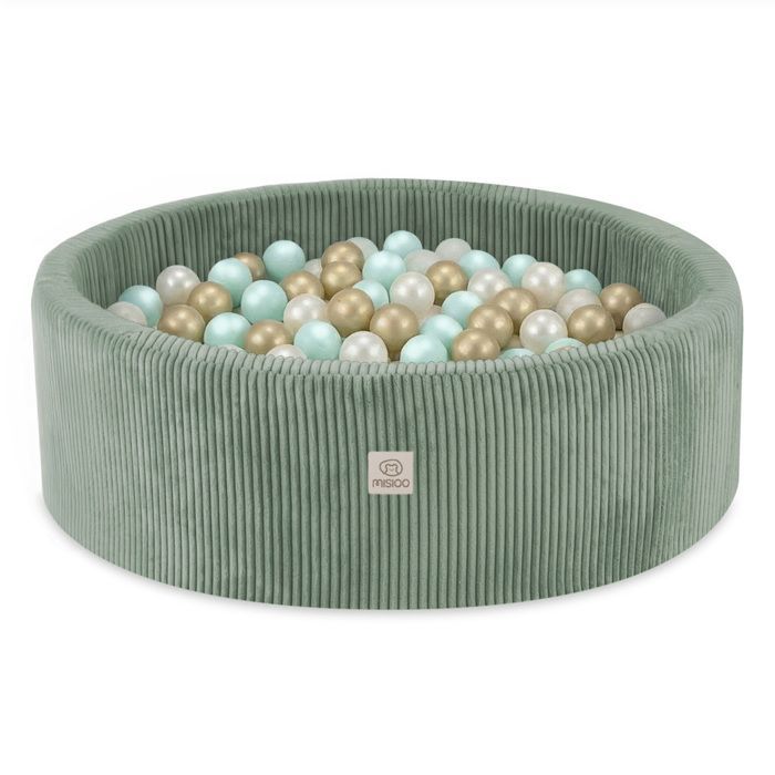 MISIOO Piscina di palline rotonda in velluto a coste per cameretta di neonati e bambini, verde, 90x30 cm, 300 palline: Menta/Oro/Bianco perla