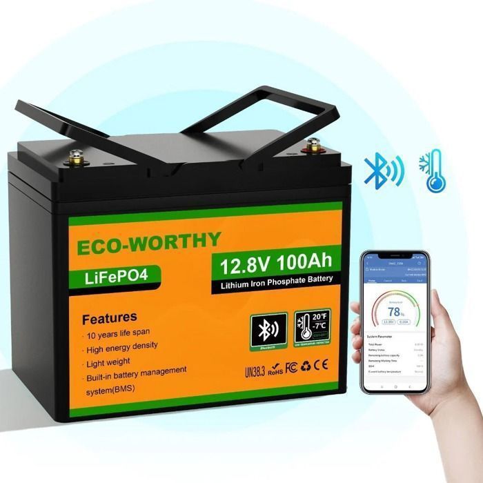 Batería de litio ECO-WORTHY de 12 V y 100 Ah con Bluetooth, batería LiFePO4, BMS y protección contra bajas temperaturas, más de 4000 horas de duración para autocaravanas.