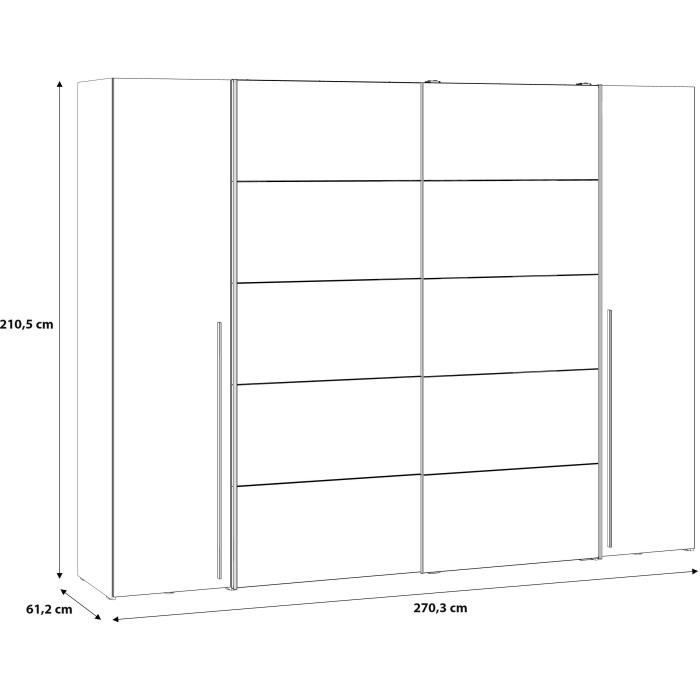 NARAGO Kledingkast - Matwitte afwerking - 2 schuifdeuren + spiegel + 2 draaideuren + 2 kledingstangen - B270 x D61 x H210 cm