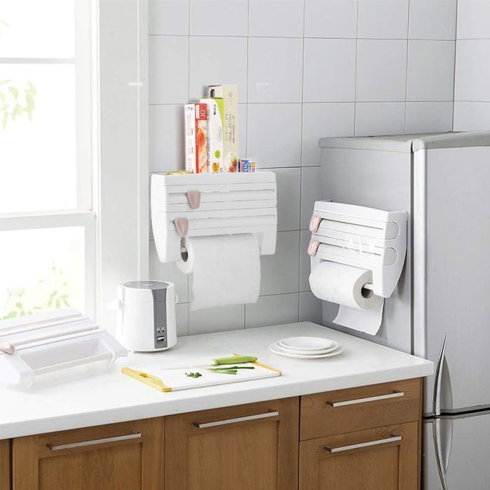 Wandgemonteerde rolhouder voor huishoudfolie en keukenpapier, met foliesnijder, wit