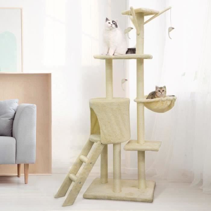 JIPSY Arbre à chat beige 79 x 34 x 138 cm - 3 plateformes, 1 perchoir, 1 niche,  1 escalier, poteaux à griffer