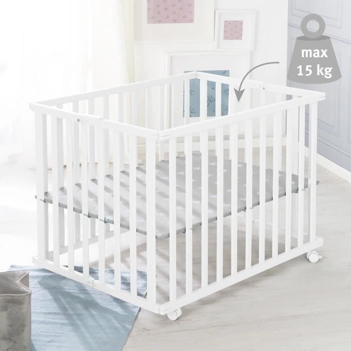 Parque infantil plegable ROBA - LITTLE STARS - 75 x 100 cm - Altura regulable - 4 ruedas con freno - Madera lacada en blanco - Estampado de estrellas