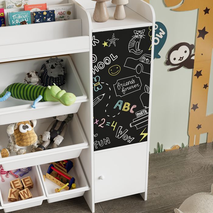 Librería infantil multifuncional, estante de madera, estante para juguetes con 8 cajas de almacenamiento, blanco, 137x30x94,5 cm.