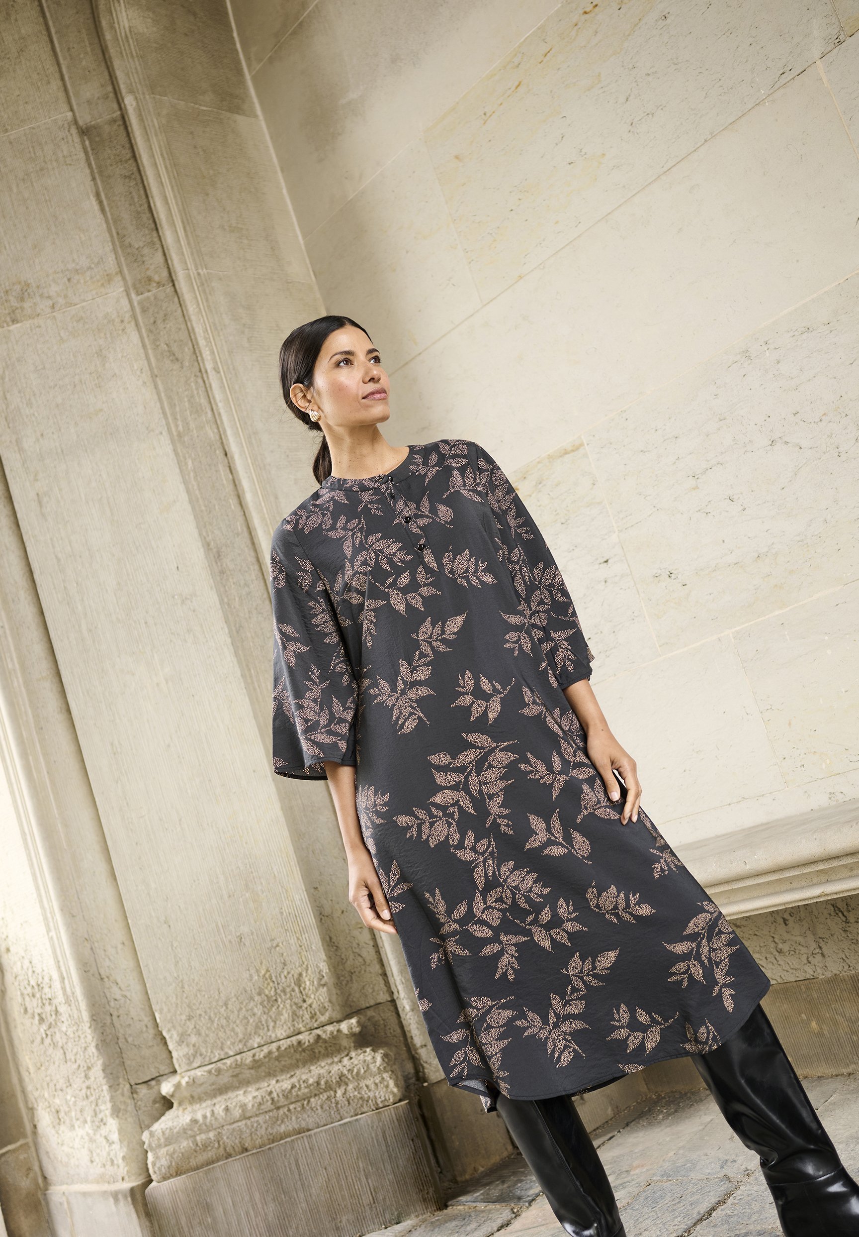 Bon'A Parte ARIANNA - Overhemdjurk - zwart oestergrijs bladprint