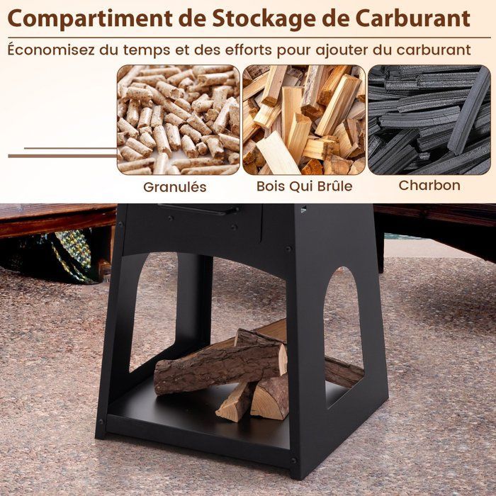 COSTWAY Patio Fire Pit with Storage, Grill and Ash Box, Lower Shelf, Poker and Gloves, for Barbecue