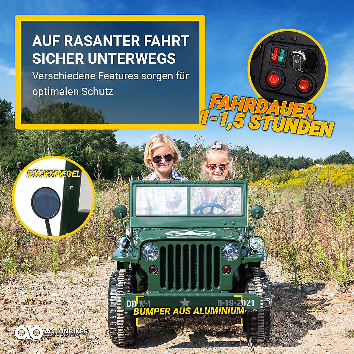 Mașină electrică Jeep Willys pentru copii - 4x45 wați - mașină pentru copii cu telecomandă - modul de sunet verde
