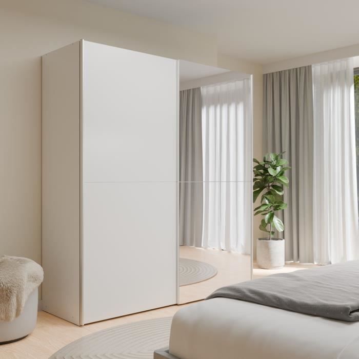 Armadio con 2 ante scorrevoli e specchio - Truciolato - Bianco opaco - L 170,3 x P 61,2 x H 190,5 cm - ULOS