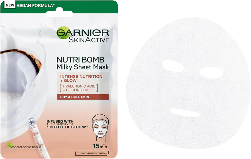 Máscara facial nutritiva em tecido Nutri Bomb da Garnier Textil Masks com efeito iluminador.