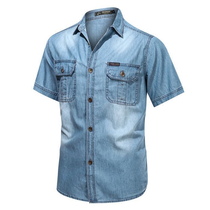Men's Short Sleeve Denim Shirt, Regular Fit, Casual Summer Cotton Denim Shirt with Pockets - Light Blue