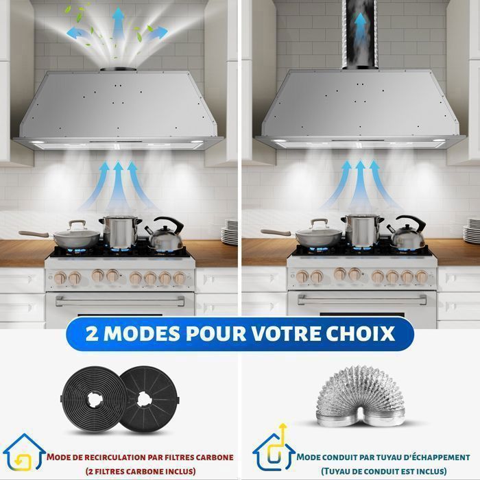 Hotte Asipirante,hotte encastrable,400 m³/h,Fonction Booster, A++,Recyclage avec filtre charbon ,Gestuelle  Tactile,72CM