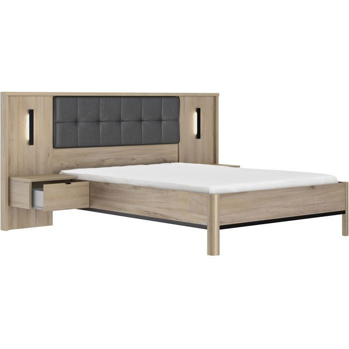 Volwassen bed met nachtkastjes met panelen - MAXIMIN - 140 x 190 cm - Licht Krönberg Eikenhout - GAMI