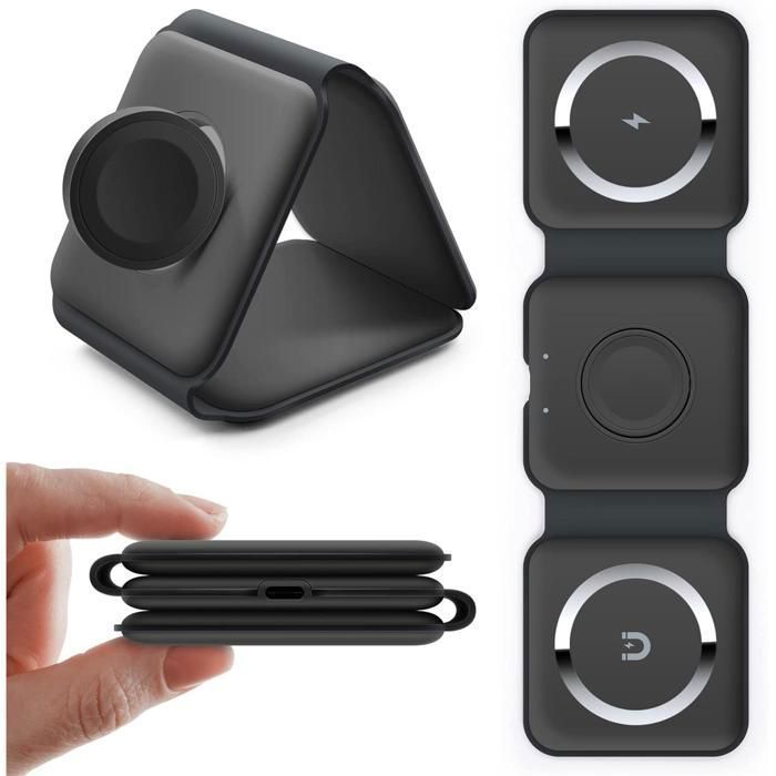 3-in-1 Wireless Charger, Inductive Charging Station, Foldable, for iWatch, Airpods Pro, iPhone and Samsung, 15W