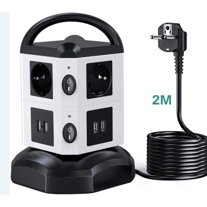 Tour Multiprise 6 Prises et 4 USB avec 2m Câble, 2500W/10A Multiprises Parasurtenseur Parafoudre pour Bureau, Interrupteur