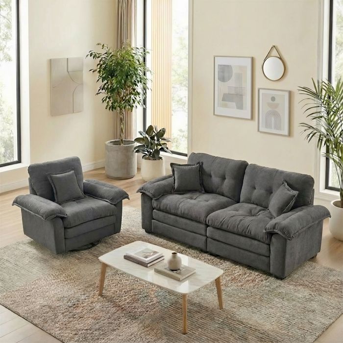 Canapé 2 Places et Fauteuil en Chenille Gris avec Mousse à Mémoire de Forme - Design Moderne - Salon - Dim: 160x87x73cm + 87x73x73cm