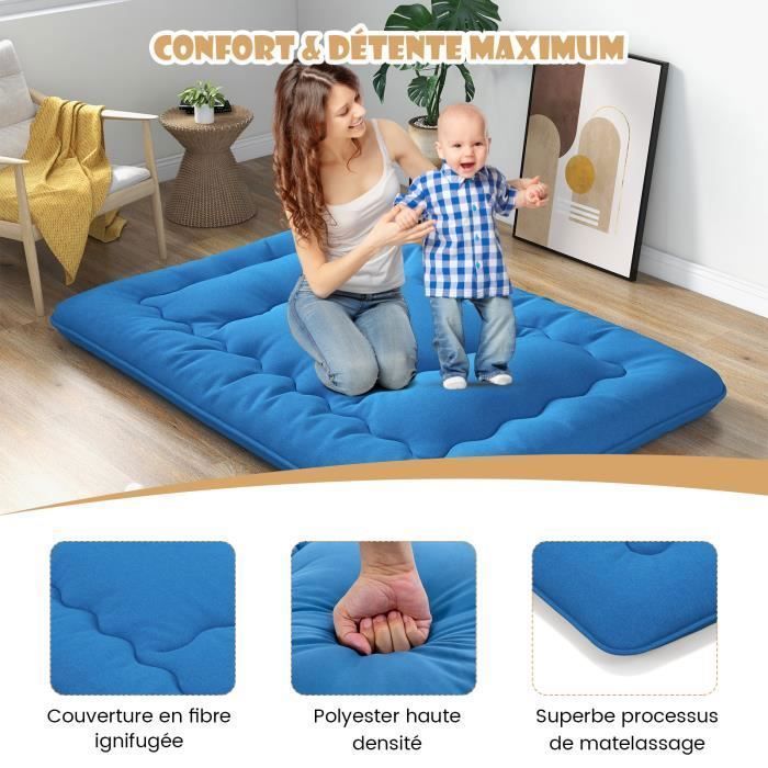 Colchón futón japonés COSTWAY 140x200CM - Cubrecolchón extraíble, colchón plegable para suelo - Hogar, autocaravana, dormitorio - Azul