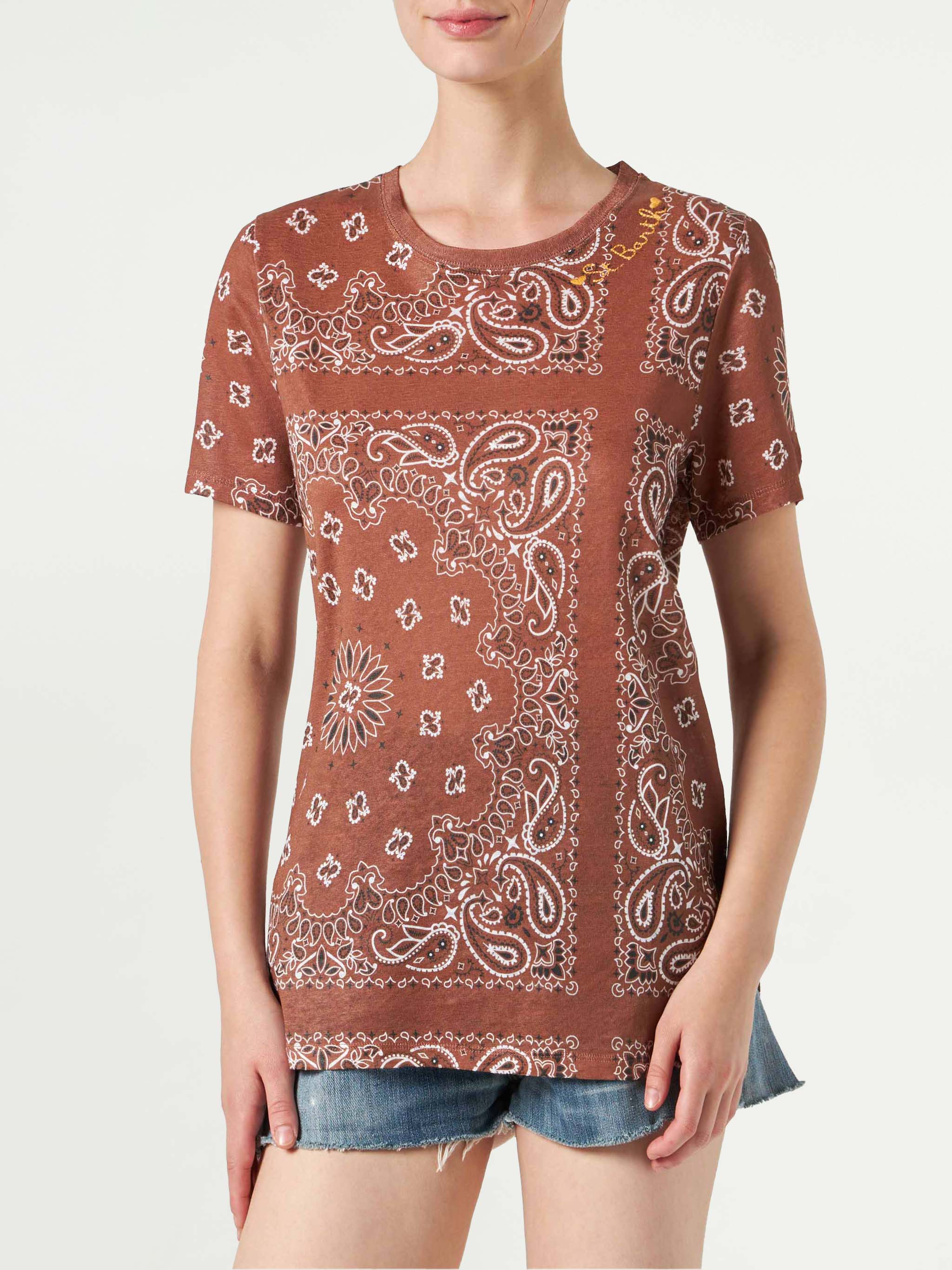 Dames T-shirt van linnen met bandana-print