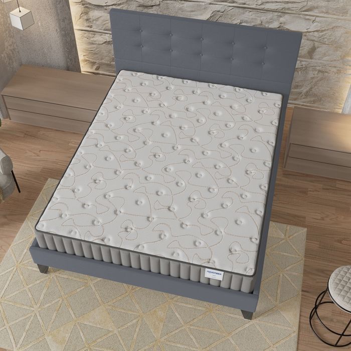 Colchón y cama (140x190cm) - Orionis de 16cm de espuma viscoelástica y espuma de alta densidad + base de láminas estable y cabecero tapizado en gris.