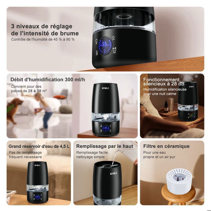 Humidificador ultrasónico KNKA de 4,5 L - Difusor de aceites esenciales - 300 ml/h - Pantalla LED - Filtro cerámico - 28 dB