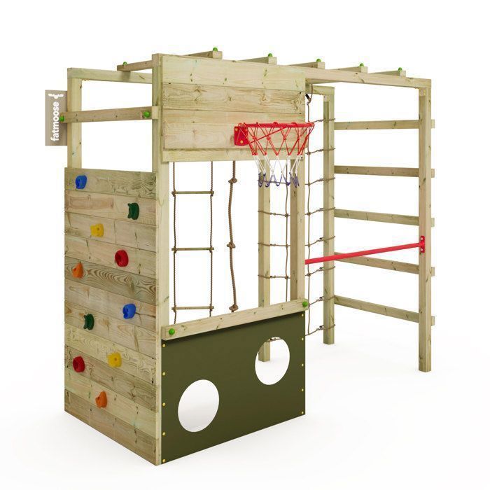 FATMOOSE CleverClimber Club XXL houten speelruimte met klimwand en basketbalring - olijfgroen - 10 jaar garantie*