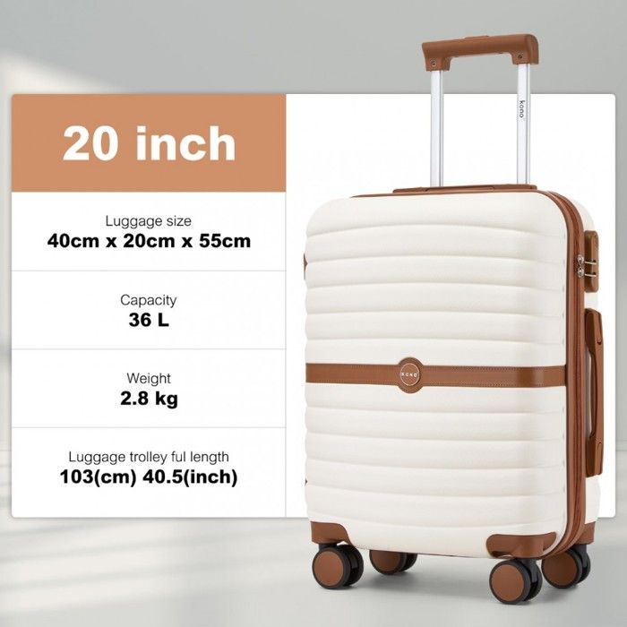 Juego de 3 maletas de viaje Kono, 55 cm, maleta con 4 ruedas y cerradura + neceser plegable con bolsa de maquillaje, color crema.
