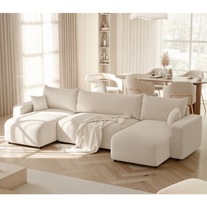 Sofá de canto panorâmico PIANO U - 7 lugares - Sofá conversível com espaço de armazenamento - Tecido creme macio ao toque