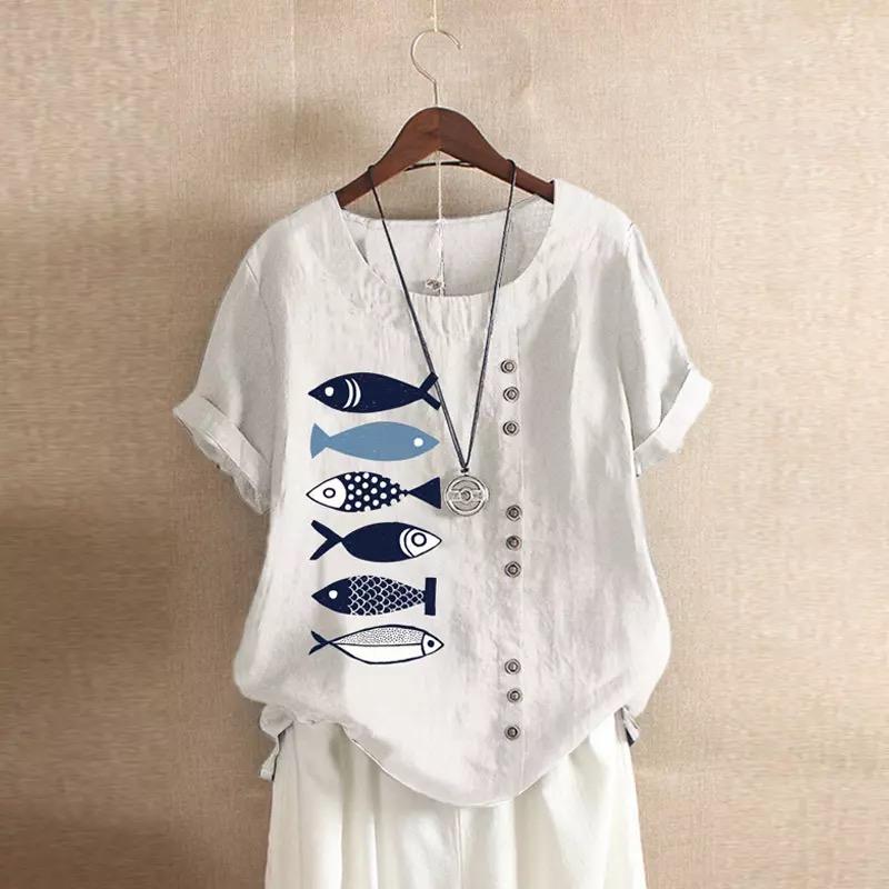 Camiseta informal de manga corta de algodón y lino con estampado de dibujos animados para mujer, estilo de moda de verano, en oferta.