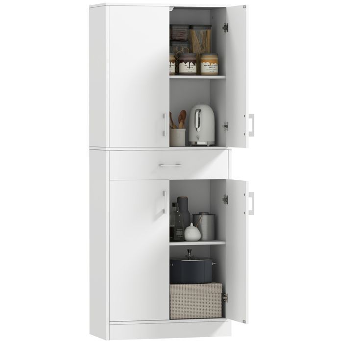Aparador de cocina - HOMCOM - aparador alto con 2 estantes ajustables, 4 puertas y 1 cajón - madera - altura 180 cm - blanco