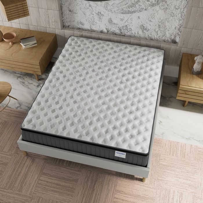 Colchón y base de cama (140x190cm) - Muelles ensacados Elekctra y espuma viscoelástica, 30cm de grosor + Base de cama de madera estable, Tela blanca