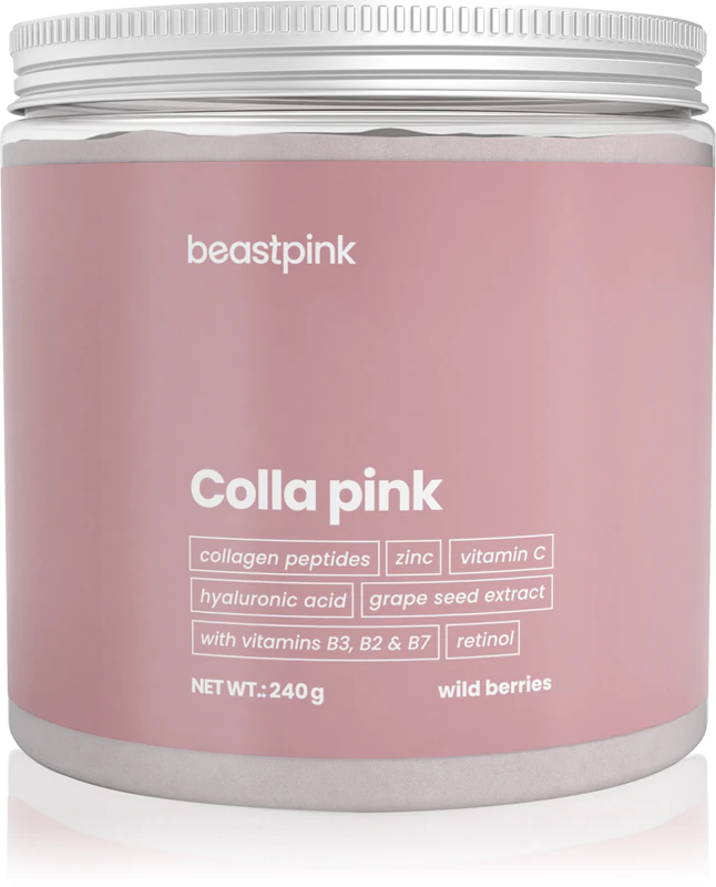 Suplemento alimentar em pó BeastPink Colla Pink para preparar bebidas com colágeno.