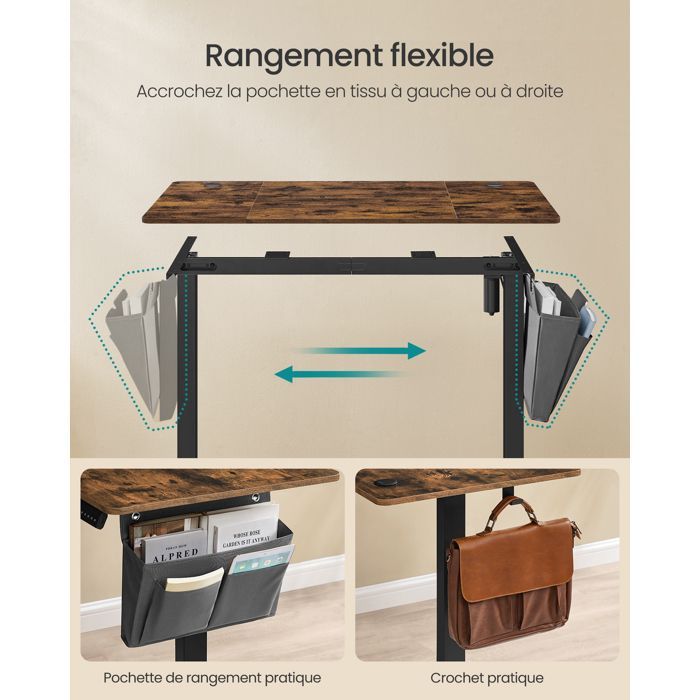 Bureau électrique assis-debout - SONGMICS - 60 x 120 cm - 4 hauteurs mémorisables - Marron rustique et noir