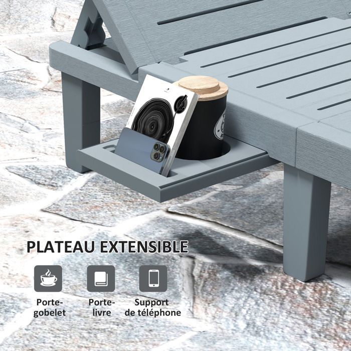 Set di 2 lettini prendisole - Outsunny - reclinabili - con piattaforme retrattili - superficie effetto legno - 62 x 158 x 88 cm - grigio