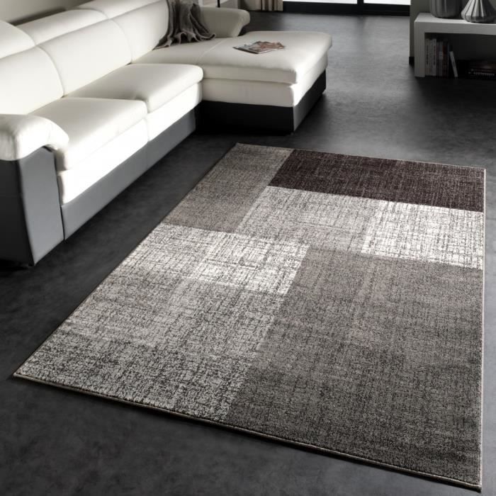 Tapete xadrez moderno, pelo curto, cinza mesclado, creme, marrom [200x290 cm]