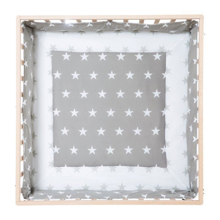 Parque infantil ROBA de 100 x 100 cm con móvil de madera maciza + protector de parque infantil gris estrellado - Altura regulable - Natural