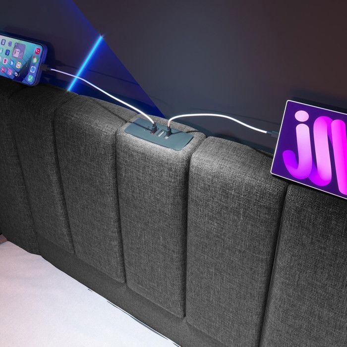 Verhoiltu sänky, säilytyssänky, 180×200 cm säilytyssänky sovellusohjattavalla LED-valolla ja USB-C-latauksella, sälepohja – Harmaa