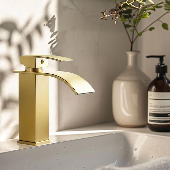 Brushed Gold Waterfall Bathroom Faucet, Brass Bathroom Basin Mixer Tap, Basin Faucet, Brass Mixer Tap