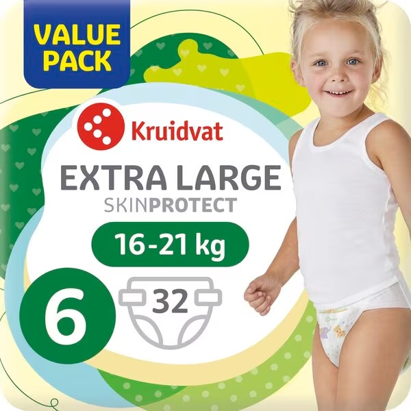 Kruidvat Veličina 6 Ekstra velike pelene Povoljno pakovanje<br>Veličina 6 (15-20 kg), 32 komada