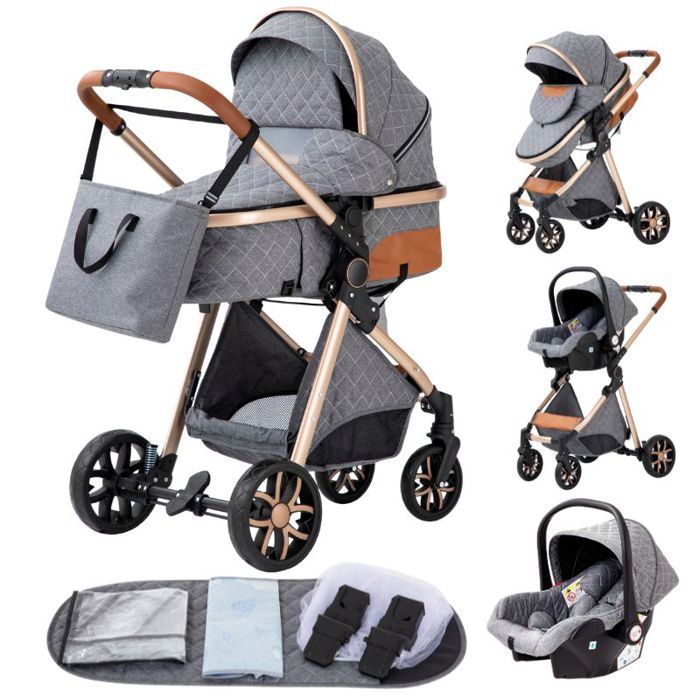 ALYIKOU 3-in-1 Travel System/Stroller for 0-3 Years - LV9 - Car Seat - Reclining Position - Baby Bag - Grey