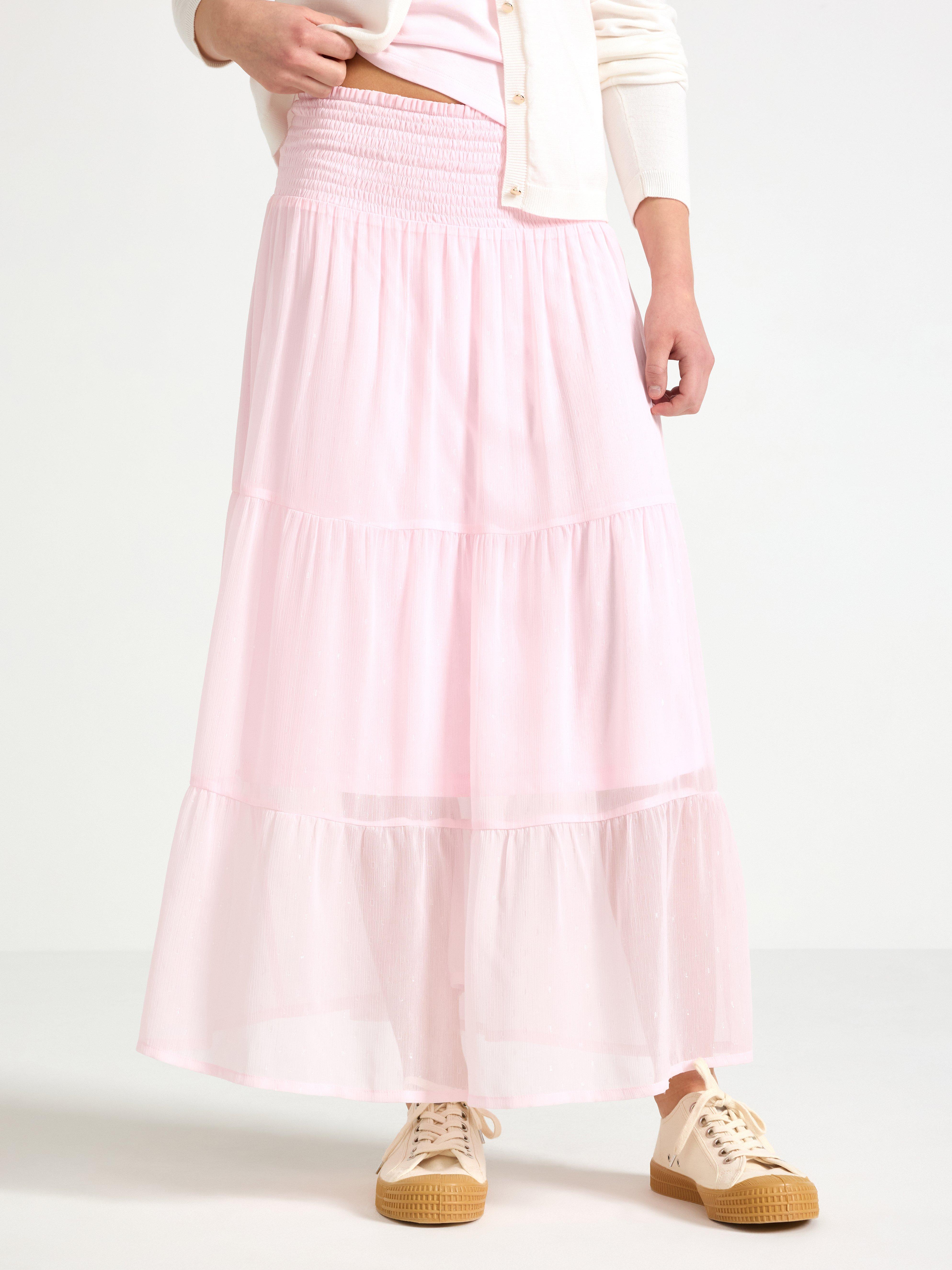 Saia maxi em chiffon rosa claro